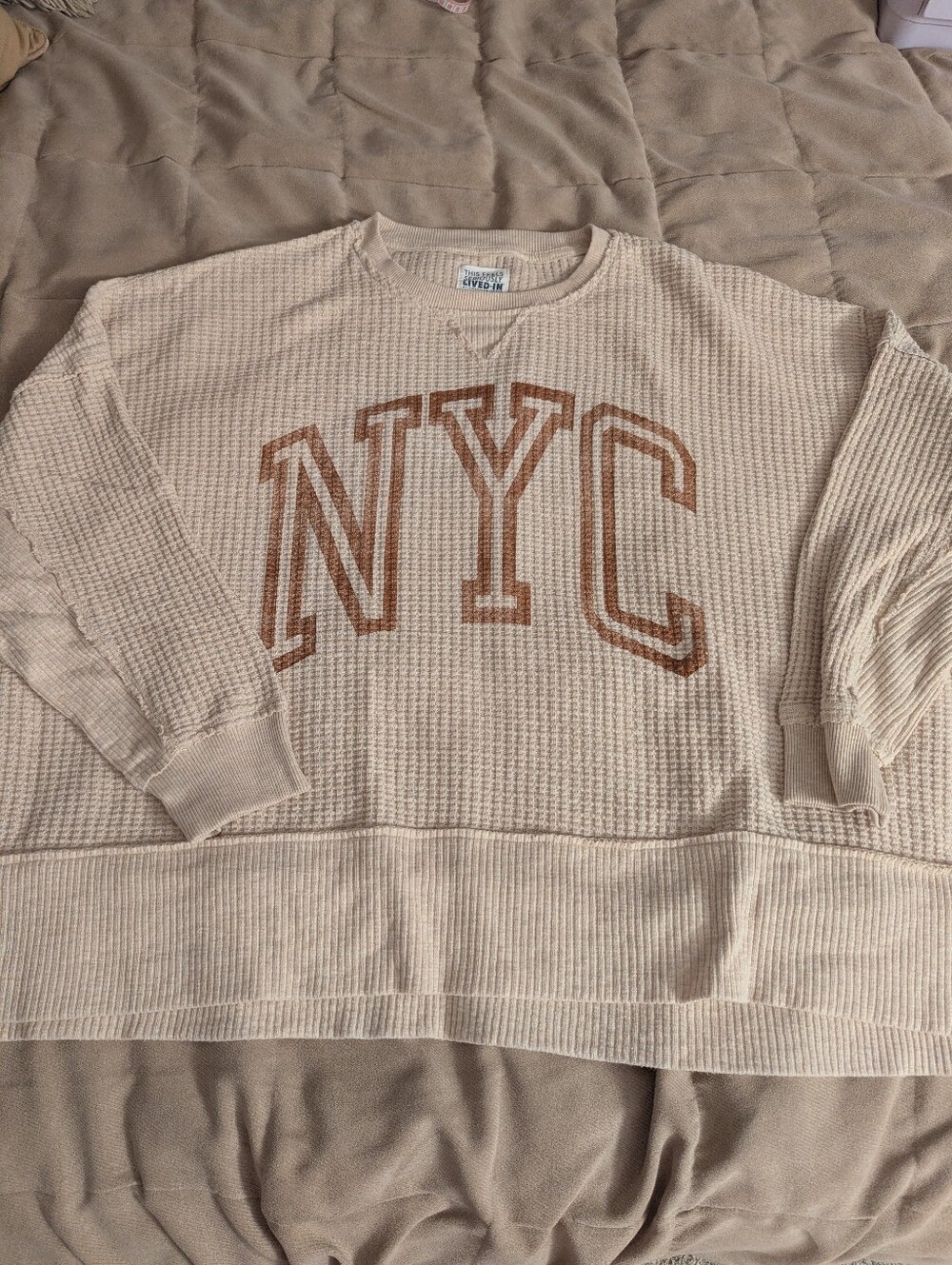 American Eagle NYC Waffle-Knit Crewneck Sweater - Cream with Brown Lettering